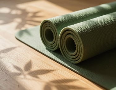 A close-up of a wooden floor with soft shadows of leaves, a moss green yoga mat, and a warm golden light, exuding a gentle hug and peaceful atmosphere.