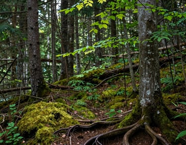 A tranquil Canadian forest scene with light through leaves, roots visible in the earth, soft moss green and soil brown colors, peaceful and grounded photography.