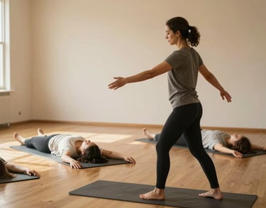 A North American facilitator leading a gentle movement session in a bright, uncluttered studio with natural wood floors and warm golden lighting, peaceful atmosphere.