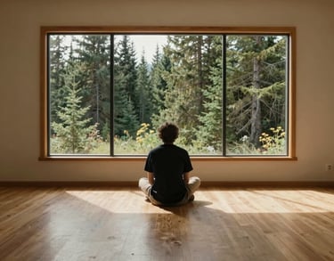 Photography of a person sitting in a quiet, spacious room with a view of a Canadian evergreen forest, soft sunlight, soil brown and light beige color palette.