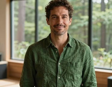 Portrait of a North American facilitator in a warm, sunlit studio with large windows overlooking a forest, wearing a moss green linen shirt, exuding a calm and compassionate expression.