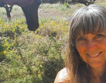 protrait of a woman and a black horse in a field
