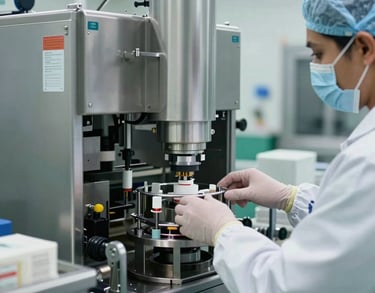 A professional shot of a pharmaceutical packaging line with modern machinery, focusing on the precision and hygiene of the facility in a South Asian context.