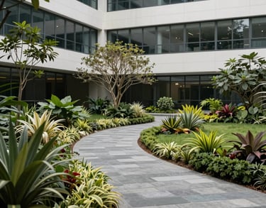 A serene photograph of a landscaped courtyard within the Zoevita corporate campus in South Asia, featuring local flora and stone walkways.