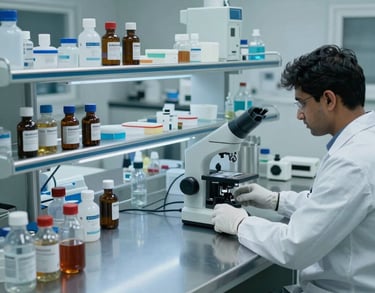 A clean, high-angle shot of a medical research laboratory with stainless steel surfaces and blue lighting accents in a South Asian city.