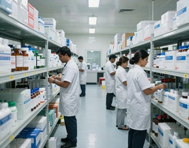 Wide shot of a sterile pharmaceutical logistics center in South Asia, showing organized shelving and professional staff managing medical supplies.