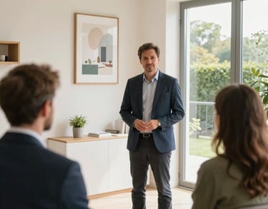 un agent immobilier qui présent un bien à vendre à un couple