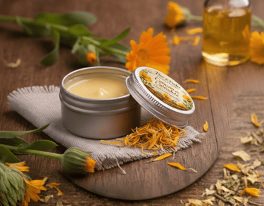 Bálsamo curativo de caléndula natural en una lata de metal con flores secos sobre una mesa de madera