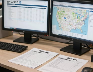 A detail shot of a clean, organized dispatch desk featuring a dual monitor setup with shipping manifests and map data, professional office lighting, US region.