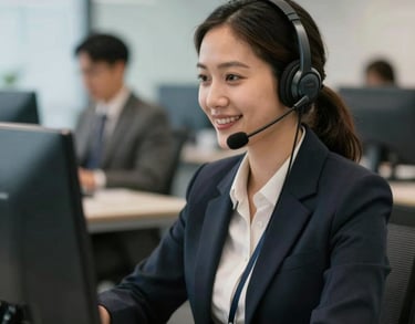 A professional portrait of a female fleet coordinator wearing a headset in a modern office, engaged in a conversation with a pleasant smile, North American setting.