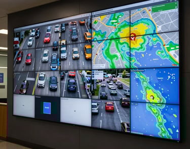 A photograph of a digital wall display in a North American dispatch center showing real-time traffic and weather overlays for logistics planning, professional atmosphere.