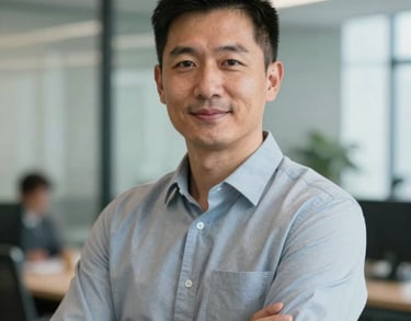 A professional portrait of a male operations director in a North American corporate office, looking towards the camera with a confident and helpful expression.