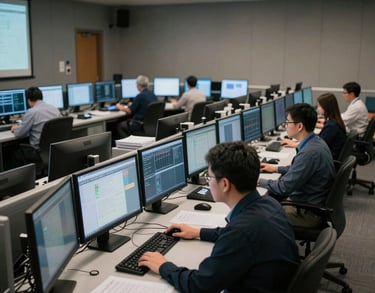 A photograph showing a wide view of a modern North American control room where dispatchers are working diligently at computer terminals, professional and focused atmosphere.