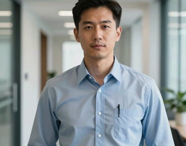A portrait of a male logistics compliance officer in a professional collared shirt, standing in a bright US corporate corridor, looking professional and reassuring.