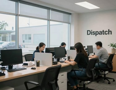 An interior shot of a modern, clean North American dispatch office with large windows and ergonomic chairs, focused on the efficiency of the workspace.