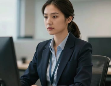 A portrait of a female technical systems manager in a professional office setting, looking focused and capable, North American context.