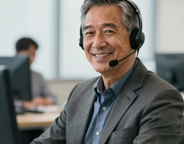 A professional portrait of a male senior dispatcher in a North American corporate setting, wearing a headset and smiling confidently, high-key lighting.