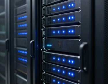 A close-up photograph of a professional logistics server rack with soft blue indicator lights in a climate-controlled North American data center, conveying technical reliability.