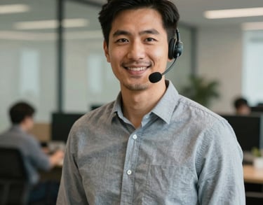 A portrait of a male client relations lead in a North American office setting, looking approachable and reliable in business casual attire.