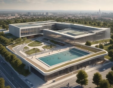 a man riding a skateboard down a street next to tall buildings