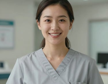 Portrait of a female assistant or practitioner in a modern healthcare setting, friendly expression, wearing professional attire in soft grey.