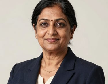 A professional studio portrait of a mature South Asian woman with a kind and reassuring expression, wearing professional attire, off-white background, soft lighting.