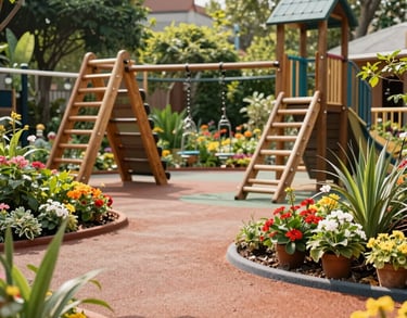 A safe and lush outdoor sensory garden at a South Asian play school, featuring soft rubber flooring, vibrant flowers, and wooden climbing frames. Bright, sunny day lighting.