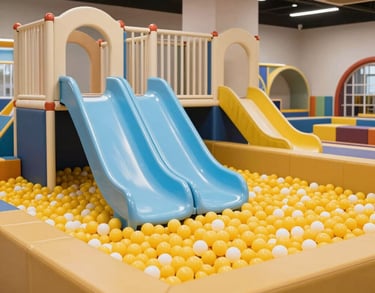 An expansive indoor play area with premium soft flooring, bright sky blue slides, and mustard yellow ball pits. The space is vibrant, safe, and professionally designed for toddlers in India.