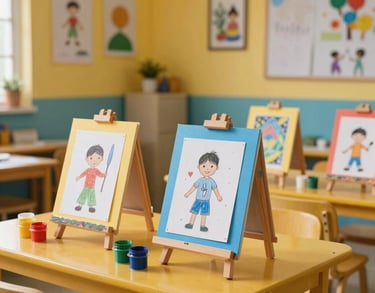Photography of a vibrant art and craft studio in a South Asian play school, featuring small easels, colorful paint pots, and children's drawings on display. Bright mustard yellow and sky blue accents, soft natural lighting.