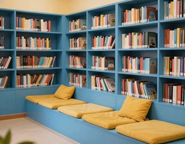 A cozy and brightly lit children's library with low sky blue bookshelves and comfortable mustard yellow cushions. Features a warm and inviting reading environment for kids in a South Asian school.