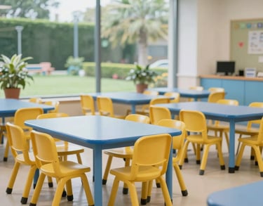 Interior shot of a clean, modern children's cafeteria in a South Asian school. Features child-sized mustard yellow chairs and sky blue tables, with large windows overlooking a green garden.