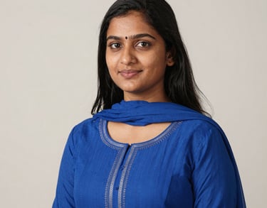 A professional studio portrait of a young South Asian female educator with a kind expression, wearing a vibrant blue traditional modern fusion outfit, off-white background, soft lighting.