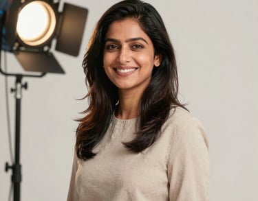 A professional studio portrait of a South Asian woman smiling warmly, wearing a smart casual outfit, set against a clean off-white background. Soft, professional three-point lighting.