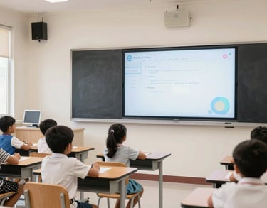 A high-tech smart classroom for young children in India, showing a large interactive screen and ergonomic furniture. The room is decorated in a professional yet joyful style with clean lines and bright off-white walls.