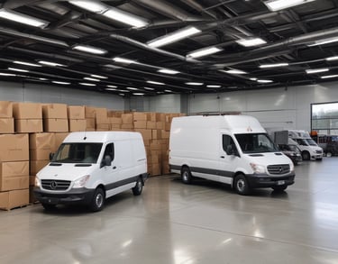 Courier delivery vans parked in a large logistics warehouse for US Motorpool Inc