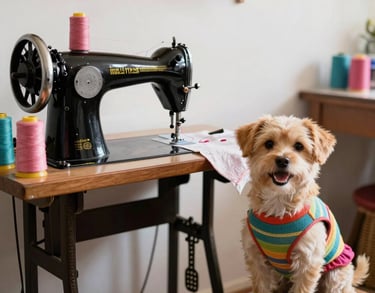  Un perrito con un suéter colorido está sentado junto a una máquina de coser negra antigua