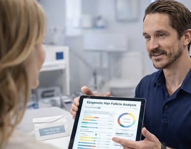 Provider reviewing epigenetic hair follicle testing results with patient