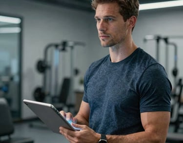 Portrait of a data analyst coach in North American / US, holding a tablet in a high-tech athletic lab, soft cool-toned lighting.
