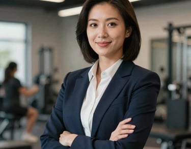 Portrait of a female operations director in North American / US, professional and approachable, athletic facility backdrop.