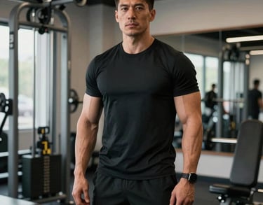 Portrait of a strength coach in North American / US, modern athletic attire, standing in a sleek gym with high-performance equipment.