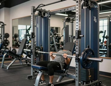 Clean, high-performance weight room in North American / US, specializing in athletic development, blue and grey equipment, professional gym atmosphere.