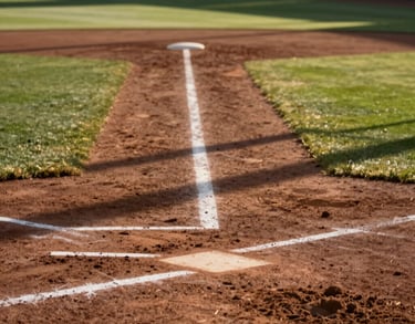Focused shot of perfectly groomed infield dirt and white foul lines in a North American / US professional stadium, dramatic morning shadows.