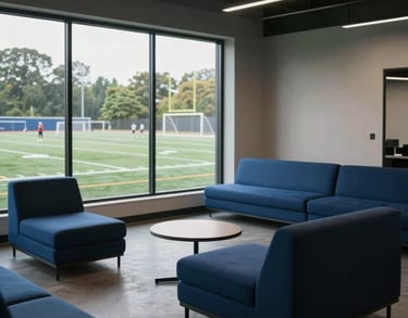 Interior view of a modern athlete lounge in North American / US, minimalist furniture with deep blue accents, overlooking the training field.