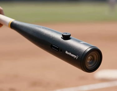 Close-up of a high-speed motion capture sensor on a softball player's bat in a North American / US training facility, highlighting technology and precision.