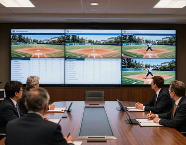 Strategic meeting room in North American / US with large digital displays showing softball analytics and scouting videos, professional aesthetic.