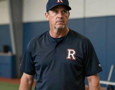 Portrait of a male pitching coach in North American / US, focused expression, standing in an indoor training facility with blue and grey equipment.