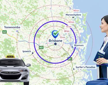 Woman assessing her travel options given location is beyond Greater Brisbane area
