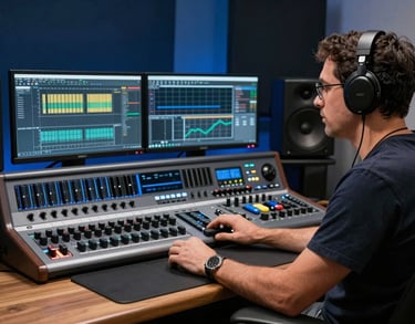 A South American / Brazilian expert in music production sitting at a workstation with dual monitors, steel blue and dark navy studio lighting.