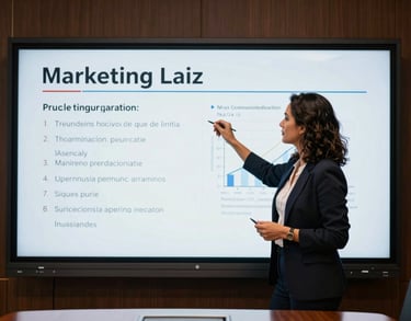 A South American / Brazilian woman presenting a marketing plan on a large screen in a boardroom, professional and elegant setting.