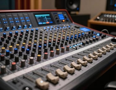 A close-up of a professional sound mixing console in a dark music studio, glowing steel blue lights, elegant and modern setup in a South American / Brazilian production house.